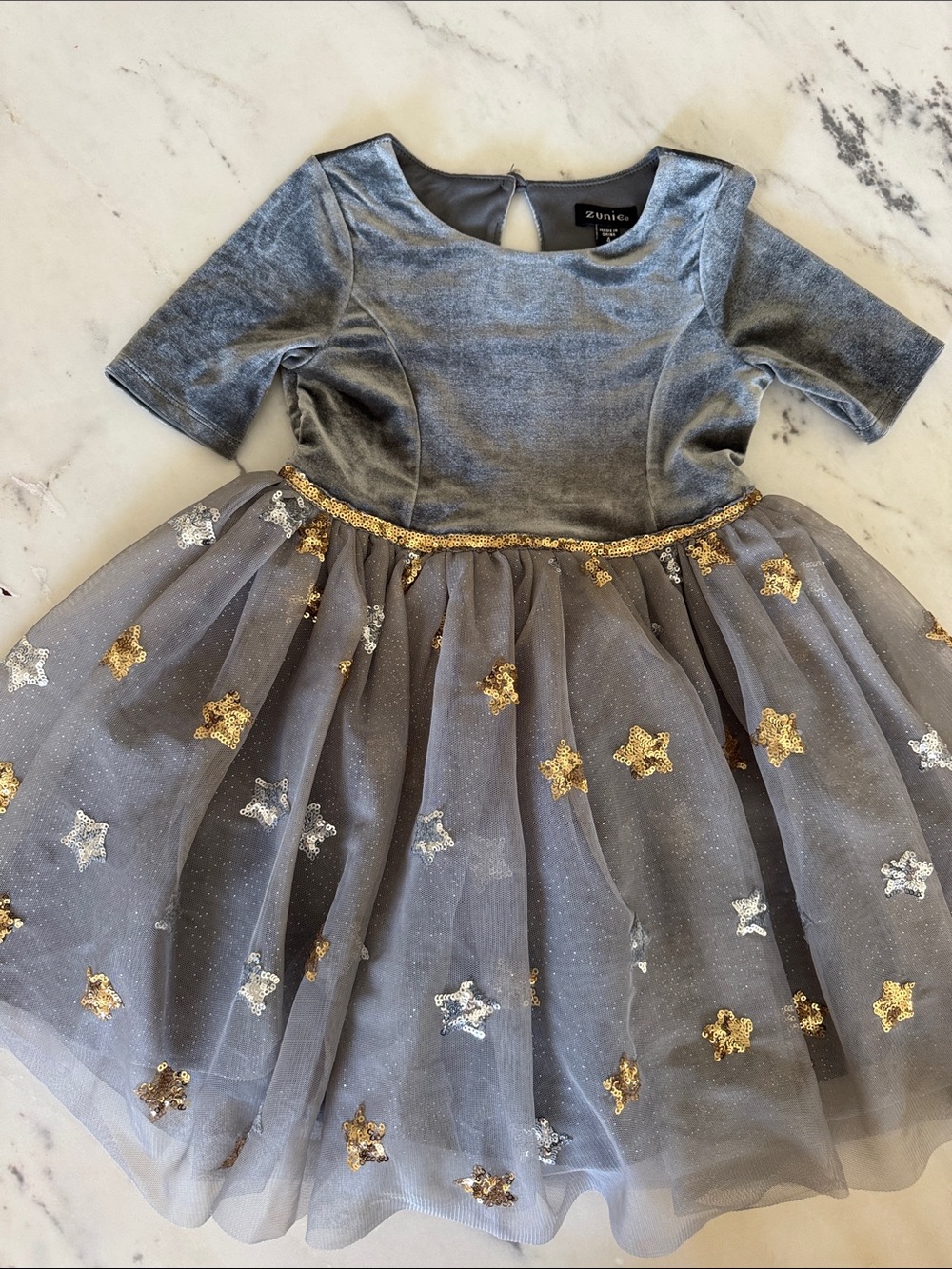 Zunie Gray Velvet Bodice Dress with Gold & Silver Star Tulle
